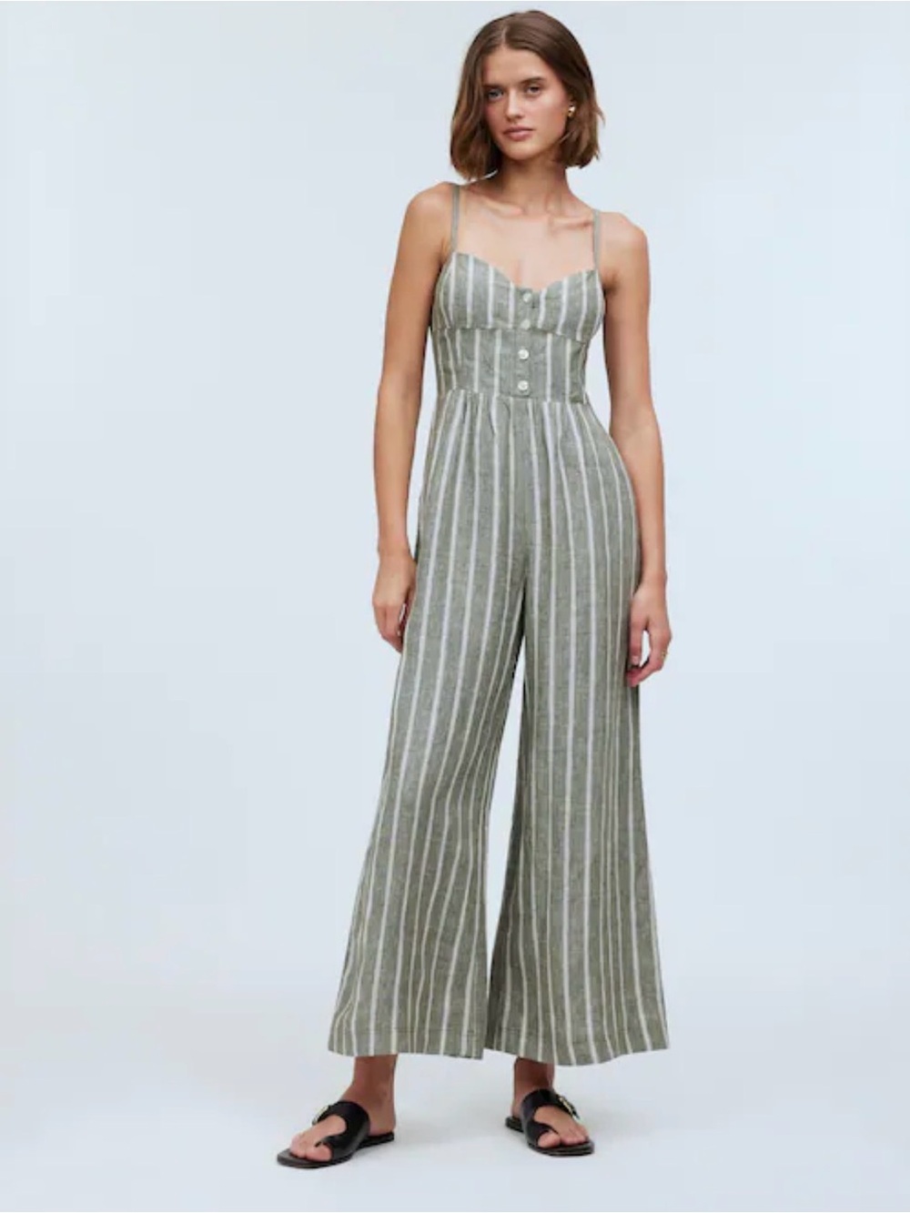 Madewell Olive Green and White Striped Wide-Leg Jumpsuit